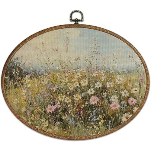 Vintage Wildflower Daisy Oval Framed Wall Art, Rustic Meadow Oil Painting Canvas Prints, Cottagecore Floral Wall Hanging Decor for Home Dorm Living Room Bedroom, 8.7x11.3 Inch -04