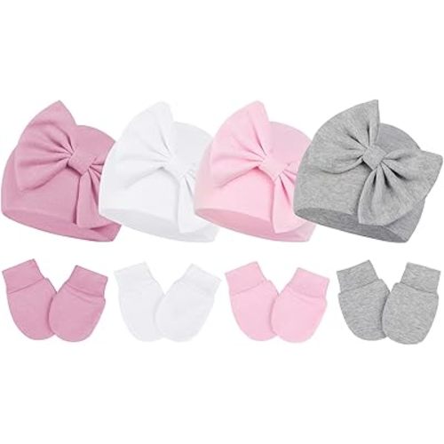 Mittens and Caps for Newborn Baby Girls Set Hospital Hat Beanie Infant Hats with Bow for 0-6 Months