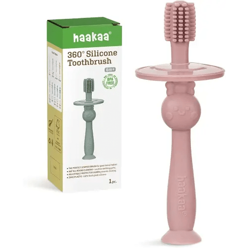haakaa 360° Baby Toothbrush with Suction Base - Gentle Cleaning for Infant Self-Brushing Training, Food-Grade Silicone, Adjustable Safety Shield - Blush (1 Piece)