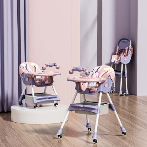 JieC Baby High Chair, 4 in 1 Convertible Highchair for Babies & Toddlers, Double Tray Dining Chair with 5-Point Harness & Silent Wheel,Pink Purple