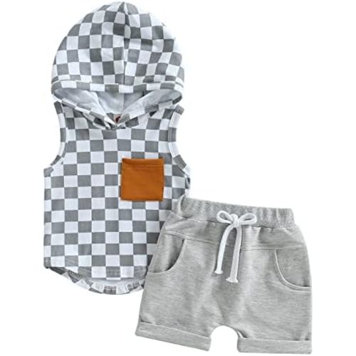 Toddler Baby Boy Summer Clothes Checkerboard Plaid Short Sleeve Hoodie Tops+Casual Shorts Set Cute Infant Outfit