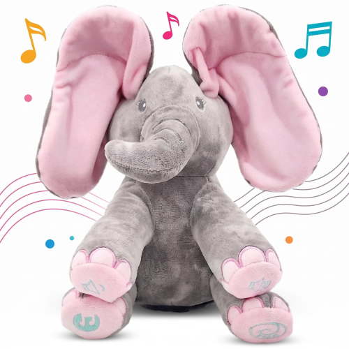 DimpleChild, Interactive Elephant Plush Toy, Musical Peek-a-Boo with Moving Ears, Soft Baby Gift