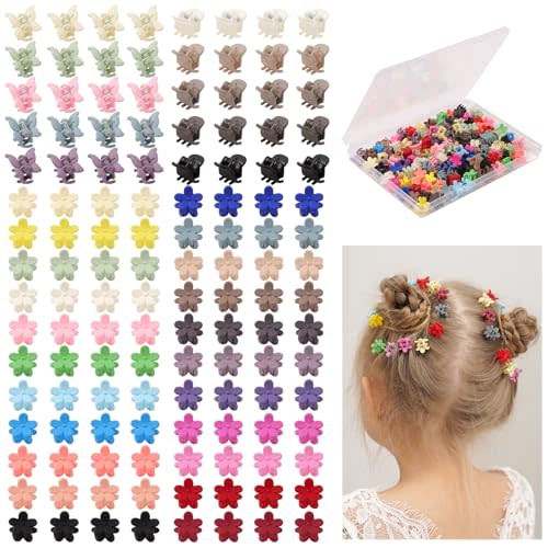 choicbaby 128pcs Baby Girls Hair Clips 3 Styles Mini Claw Clips Small Flower Butterfly Claw Jaw Hair Clips Hair Barrettes Accessories for Women Girls Kids Teens with Organizer Box