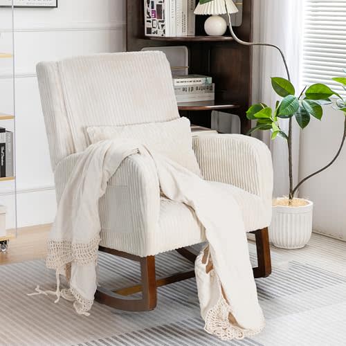 COCO DESIGN Corduroy Upholstered Rocking Chair for Nursery - Padded Seat & Back, Sturdy Wood Rockers for Living Room, Nursery, Bedroom Relaxation (Beige)