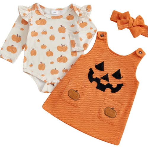 Baby Girls 3Pcs Halloween Outfit Pumpkin Ruffle Long Sleeve Romper Overall Dress Headband Set