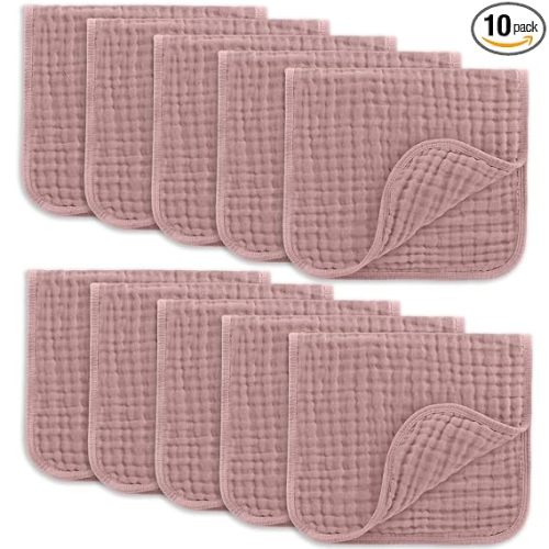 Comfy Cubs Muslin Burp Cloths 20" x 10", Pack of 10 - Large, 6-Layer, Ultra Absorbent 100% Cotton for Baby Drool and Messes - Soft, Safe & Gentle Baby Burp Cloths for Boys & Girls - Mauve