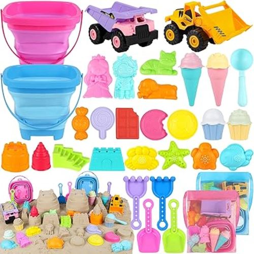 EULRGAUS Beach Toys with 2 Trucks, Collapsible Buckets for Kids Ages 3-12