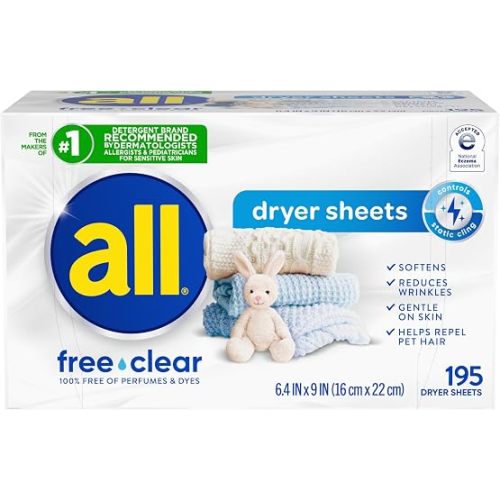all free clear Fabric Softener Dryer Sheets for Sensitive Skin, 195 Count | Dye free, dermatologist tested, fragrance free, controls static cling, reduces wrinkles, HE compatible