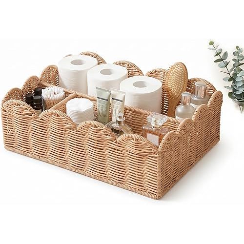 Storage Basket with 3 Compartments, Scalloped Bathroom Organizer Basket, Decorative Diaper Caddy Woven Organizer Basket for Vanity, Skincare, Toilet Paper, Towels & Home Decor (Natural, L)