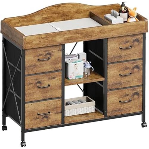 Changing Table, 6-Drawer Baby Dresser with Changing Table top,Waterproof Diaper Changing Station & Pad, 2 Height-Adjustable Open Storage Shelves, Mobile Nursery Organizer, Rustic Brown