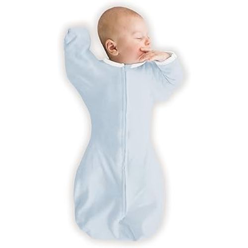 SwaddleDesigns Organic Transitional Swaddle Sack, Arms Up Swaddle with Half-Length Sleeves & Mitten Cuffs, Small, 0-3 Months, 6-14 lbs, Soft Blue