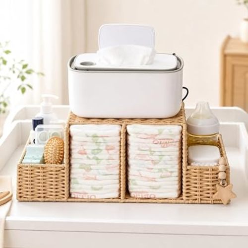 Handwoven Rattan Diaper Caddy Organizer (Natural-Hollow PE Rattan, XL)
