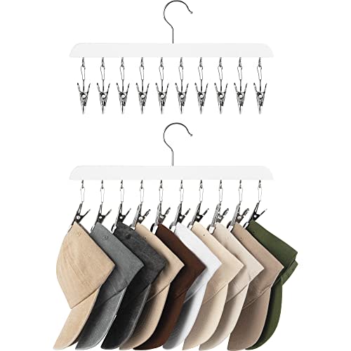 StorageWorks Hat Organizer 2 Pack, White Cap Hanger Rack with 10 Clips | Sturdy White Hat Organizer with 10 Stainless Steel Clips, Wood Hat Hanger for Caps, Baseball, Fedora, Beanie