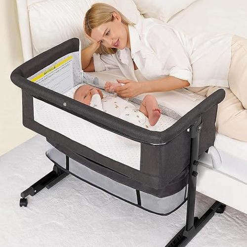 Baby Bassinet, 3 in 1 Bedside Bassinets for Baby, Bassinet Bedside Sleeper with Wheels, Adjustable Height with Rocking Mode, Breathable Mesh, Storage Basket, Easy Assemble & Folding (Dark Gray)