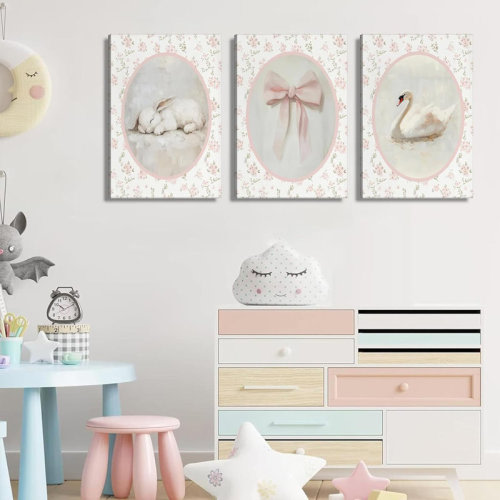 Red Barrel Studio® 3Pcs Pink Vintage Nursery Canvas Wall Art Cute Animal Rabbit Swan Bow Flower Posters Prints Baby Girl Room Picture Wall Decor For Room Bedroom Decorations Ready To Hang | Wayfair