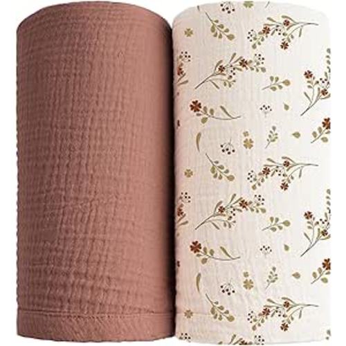 Konssy Muslin Swaddle Blankets for Girls Boys 2 Pack, 100% Cotton Receiving Baby Blanket Large 47 x 47 inches, Soft Breathable Swaddling Wrap for Unisex Newborn (Chestnut, Posy)