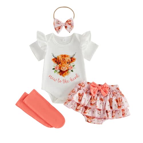 Newborn Western Baby Girl Clothes New to The Herd Romper Highland Cow Onesie Ruffle Shorts Set Cowgirl Summer Outfit