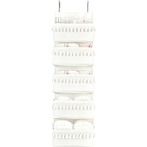 Dahey Over The Door Organizer Boho Nursery Storage Decor Closet Hanging Organizer with Tassels Decoration for Bedroom Nursery Bathroom Apartments Dorm Pantry, 5 Pockets, White