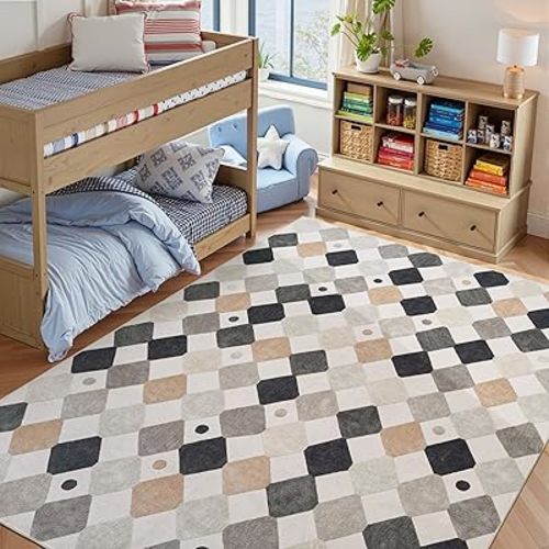 jinchan Macy 8x10 Kids Area Rug for Classroom Black and White Modern Colorful Checkered Diamond Nursery Rug Indoor Washable Soft Non Slip Carpet for Playroom Living Room Bedroom Marble on Cream