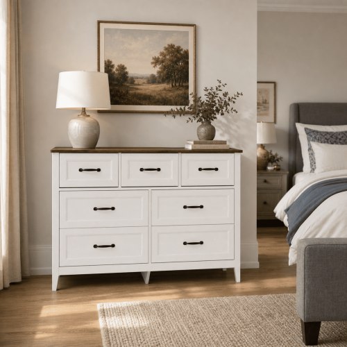 Aiho 7-Drawer Dresser for Bedroom, 47.2-Inch Wide Storage Chest with Metal Slides and Anti-Tip Kit, White and Vintage Wood