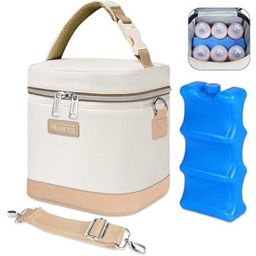 Mancro Insulated Baby Bottle Cooler Bag with Ice Pack, Breastmilk Storage Tote Fits 6 x 9oz Bottles, Waterproof Bottle Bag Companion for Breastfeeding Moms,Cream & Light Brown
