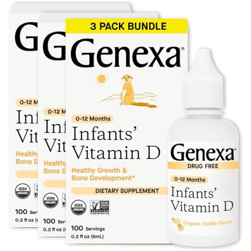 Genexa Infants Vitamin D Liquid Drops for Newborn, Baby & Toddler | Bone Development | Delicious Organic Vanilla Flavor | Certified Organic, Gluten Free, & Non-GMO | 270 Servings (3 Pack)