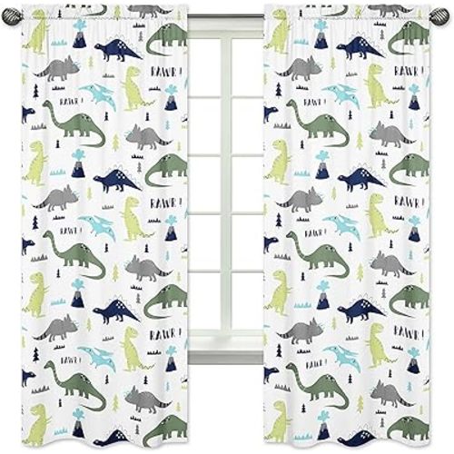 Sweet Jojo Designs Blue and Green Modern Dinosaur Bedroom Decor Window Treatment Panels - Set of 2
