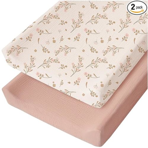 Konssy Muslin Changing Pad Cover for Baby Girls Boys, 100% Cotton Fitted Diaper Chang Table Covers, Soft Breathable Changing Pad Sheets, 2 Pack (Floral,Pink)