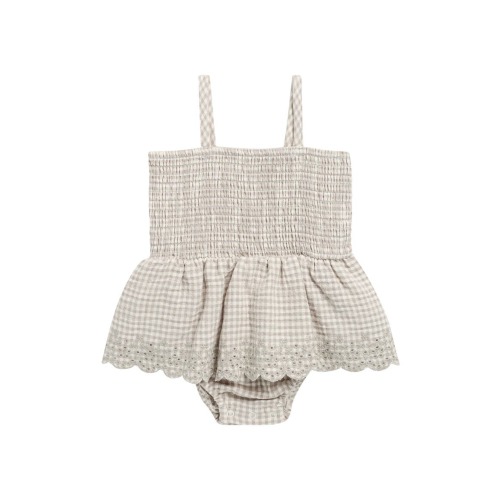 Gingham Eyelet Smocked Bodice Skirted Organic Cotton Bodysuit