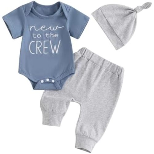 Newborn Baby Boy Girl Clothes New To The Crew Printed Romper Pants Set with Hat Coming Home Hospital Outfits