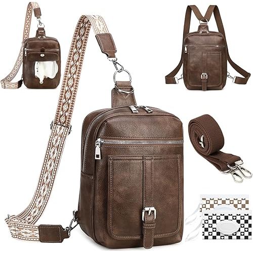Sling Bag Crossbody Backpack - 2 in 1 Leather Cross Body Bag Fanny Pack with 2 Removable Straps
