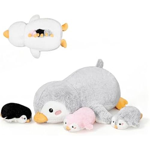4 Pcs Penguin Stuffed Animals,18 Inch Mommy Penguin Plush with 3 Cute Babies in Zippered Belly, Birthday Party Decoration Kids Birthday Valentine (Grey Penguin)