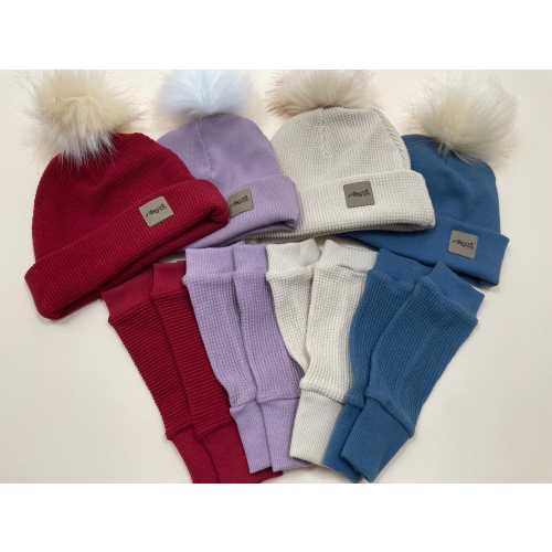 Organic Cotton Baby Beanie and Leg Warmer Set – Removable Pom - American Milled Waffle/Rib Knit Hat - Heirloom Coming Home Outfit