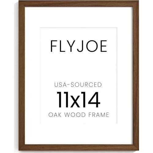 11x14 Oak Wood Picture Frame with Mat for 8x10, 11 by 14 USA-Sourced Natural Solid Wooden Photo Frame for Wall Display, Shatterproof Plexiglass, Hanging Hardware Included, Walnut Color