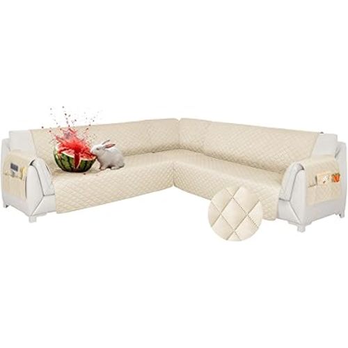 Waterproof Sectional Couch Covers L Shape Sectional Sofa Covers for Pets Washable Non-Slip 6PCS U Shaped Sofa Slipcovers Dog Couch Cover Corner Furniture Protector (XX-Large, Beige)