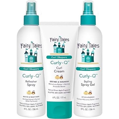 Fairy Tales Curly Q Kids Curly Hair Styling Products Set – Curl Cream, Curl Refresher & Curl Styling Spray Gel - Green Apple Scent, Phthalate, Paraben, Gluten Free, 3 Count