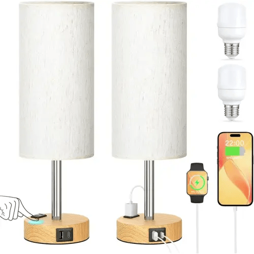 Touch Bedside Table Lamps Set - 3 Way Dimmable Bedroom Lamps Set of 2 with USB C and A Ports, Small Lamps for Nightstand with AC Outlet, Wood Base Round Flaxen Shade for Desk, Office, Dorm, Nursery