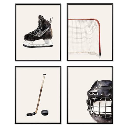 VONTP Boys Sports Room Decor, Kids Bedroom Sports Wall Art Decor for Kids Boys Bedroom Playroom, Ice Hockey Prints Posters Wall Decorations, 8x10 Inch Set Of 4 (Unframed)
