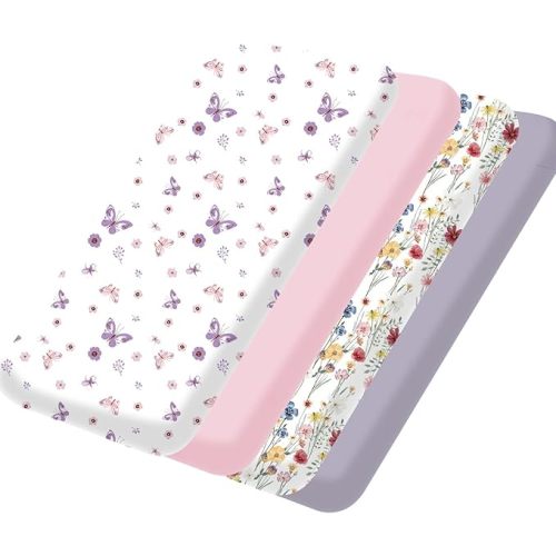 Little Grape Land Pack and Play Sheets Fitted 4 Pack, 38" x 26" Mini Crib Sheets for Baby Boys and Girls, Soft & Breathable Microfiber Playard Sheets Fit Pack N Play and Playard Mattress, (Butterfly)