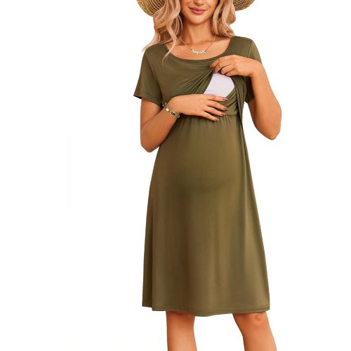 Ekouaer Women's Nursing Dress Summer Short Sleeve Patchwork Maternity Breastfeeding Knee Length Dress