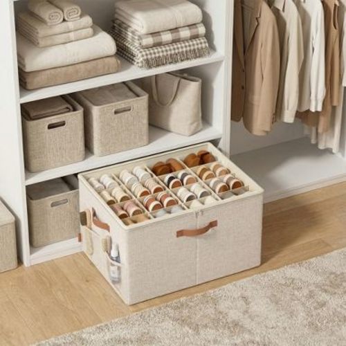 LEDREM Shoe Storage Bin with Clear Cover, Adjustable Dividers Fabric Organizer for 16 Pairs of Shoes, Portable and Customizable, Cappuccino Beige