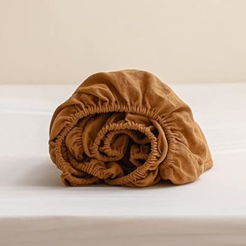 Simple&Opulence 100% Linen Fitted Sheet Twin(1 Piece), 14 Inch Deep Pocket Mattress Cover Natural French Flax Stone Washed Farmhouse Soft Breathable Bottom Sheets-Rust