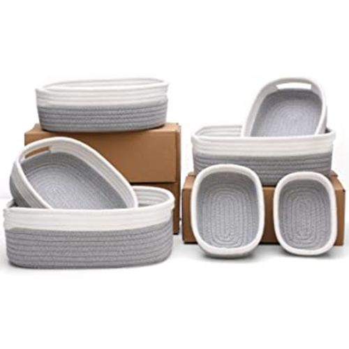 7 Piece Cotton Rope Woven Basket Set - Small Basket for Baby Nursery, Pets, Montessori, Dog & Cat Toy Boxes, Bathroom Organization Bins (White/Gray)