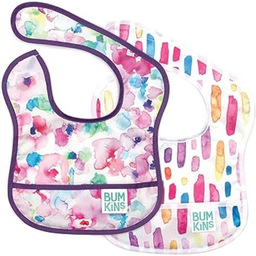 Bumkins Bibs, for Baby Girl or Boy, Infant 3-9 Months, Essential Must Have for Eating, Feeding, Baby Led Weaning, Mess Saving Waterproof Soft Fabric, Starter Bib 2-pk Watercolors and Brushstrokes