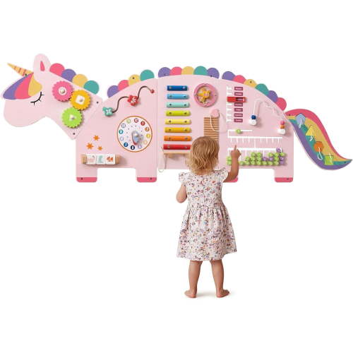 OLAKIDS Pink Sensory Wall, 11 in 1 Wooden Montessori Busy Board Panel, Toddler Wall Mounted Activity Center, Educational Toys Learning Gift for Boys Girls