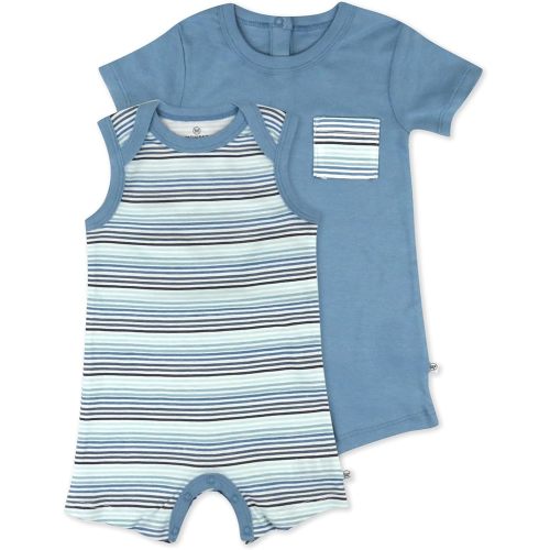 HonestBaby 2 Piece Short Sleeve and Tank Romper, Drifting Stripe Cornflower, 0-3 Months