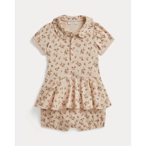 Floral Stretch Mesh Peplum Polo Shortall