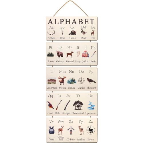 Wooden Hunting Alphabet Signs, Rustic Wilderness ABC Wall Decor for Nursery Woodland ABC's Educational Plaques​ for Cabin Man Cave Baby Boy Room Classroom Home Decor