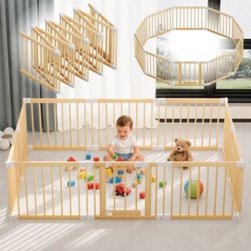 Foldable Wooden Baby Playpen, Adjustable Multi-Shape Baby Play Yard with Child-Proof Lock, Portable Wood Fence - 56 x 83 x 23.6 inches(10 Panel)