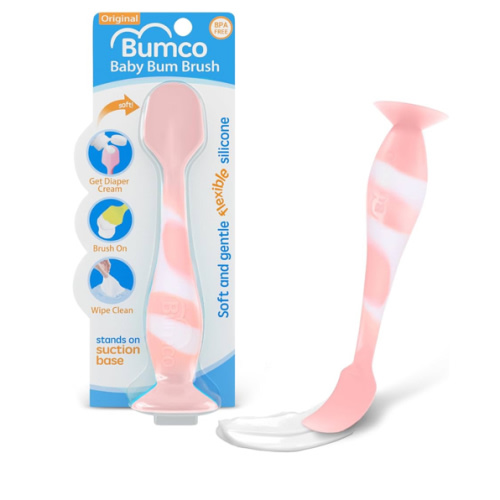 Bumco Baby Bum Brush - BPA-Free Diaper Cream Spatula with Suction Cup Base, Soft & Flexible Silicone, Wipe-Clean, Mom-Invented Diaper Bag Essentials (Light Pink Swirl)